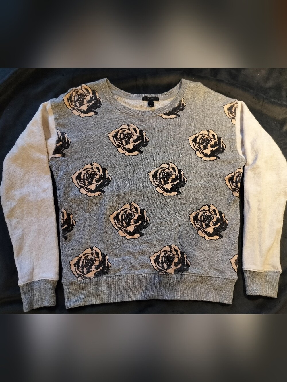 J. Crew Gray Pink & Black Rose Print Sweatshirt Cream Sleeves 100% Cotton- Small